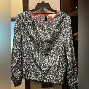 Michael Kors smocked hem blue and white blouse with orange trim, PS